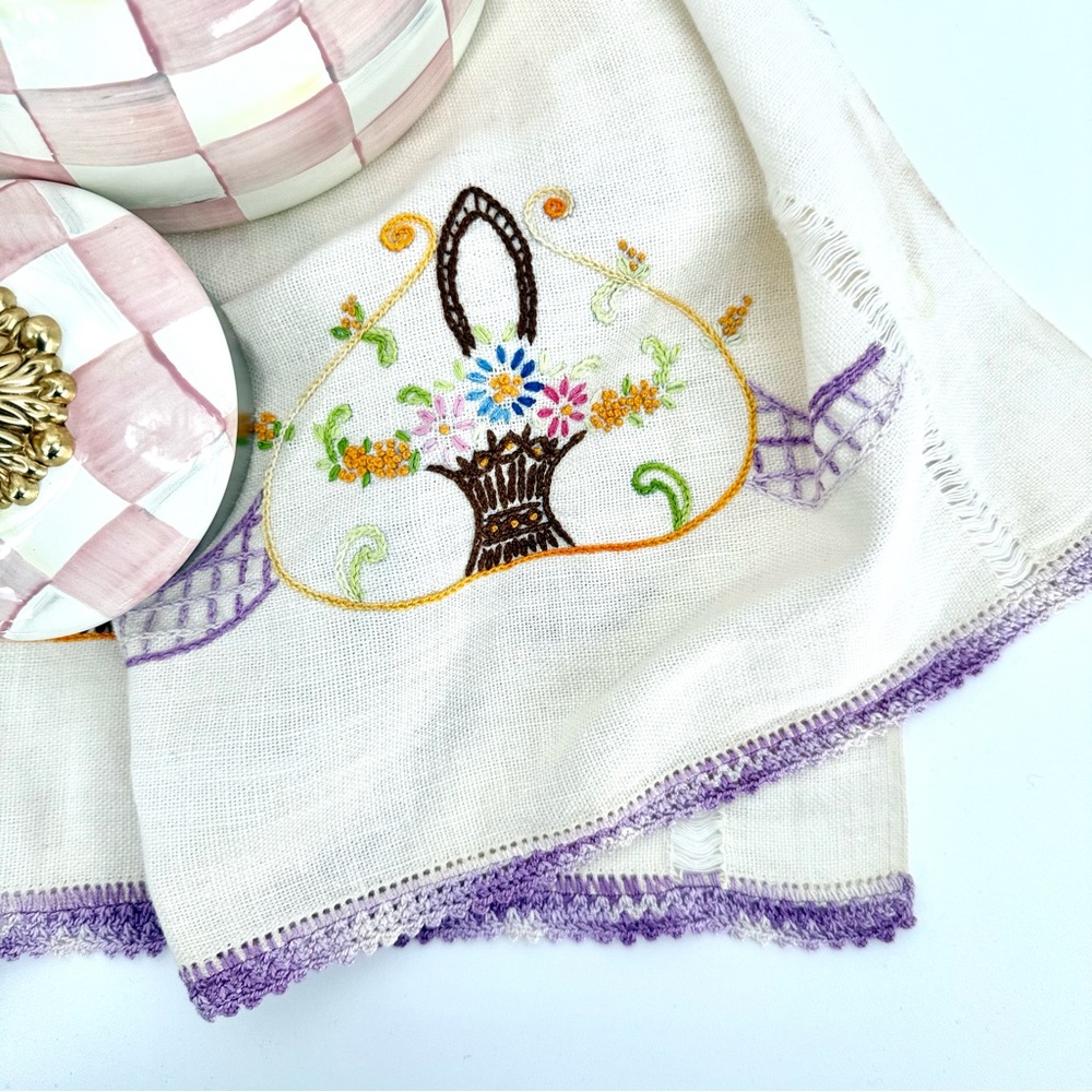 Vintage Embroidered Floral Basket Linen Hand Tea Towel Crochet Trim Handmade